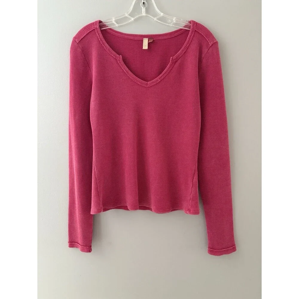 Pilcro Anthropologie Thermal Shirt Size L Pink Waffle Knit  V-Neck - Picture 12 of 12
